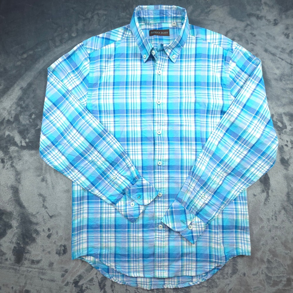 Patrick James Mens Blue White Plaid Cotton Button Down Long Sleeve Shirt Size M